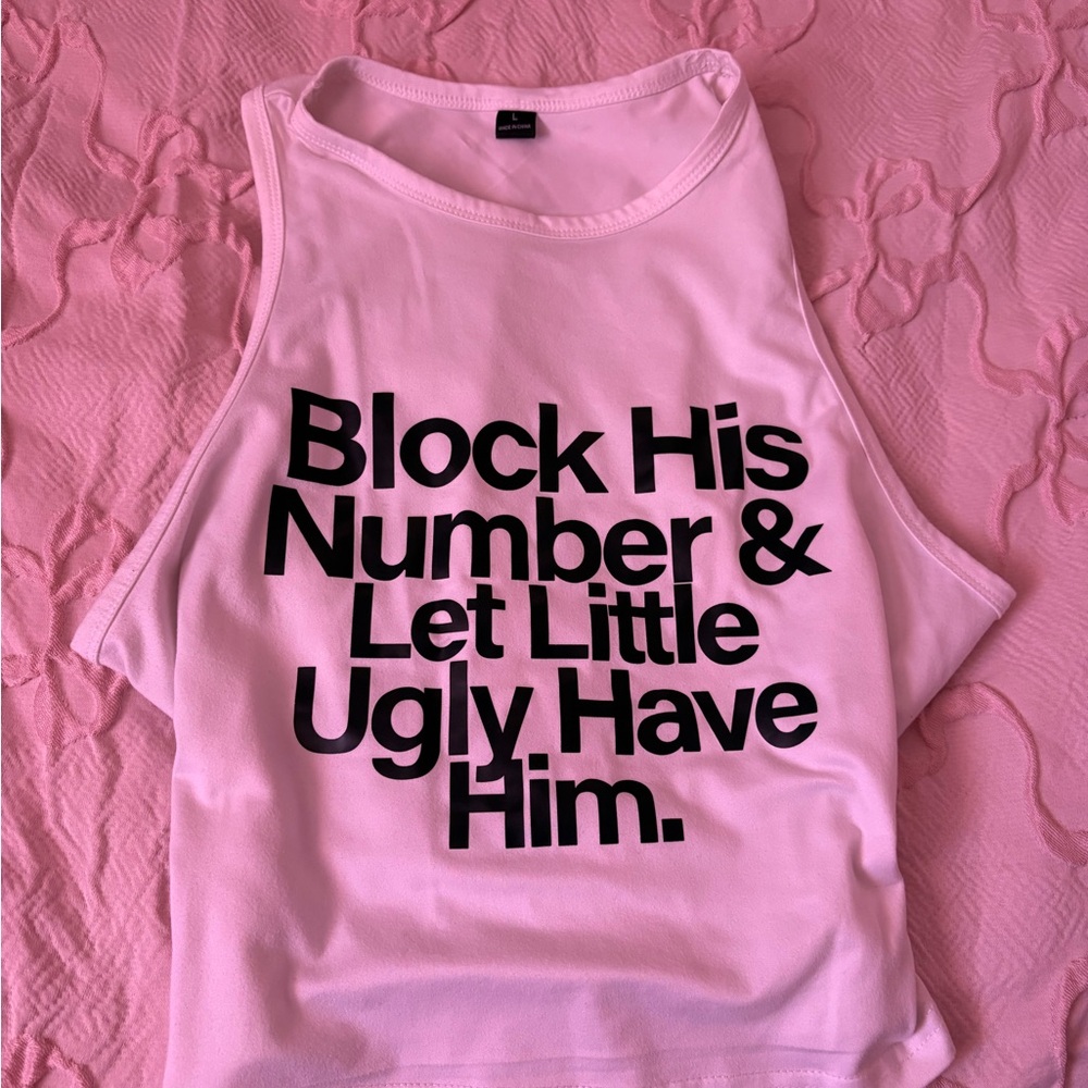 Pink Sleeveless Top with Bold Black Text